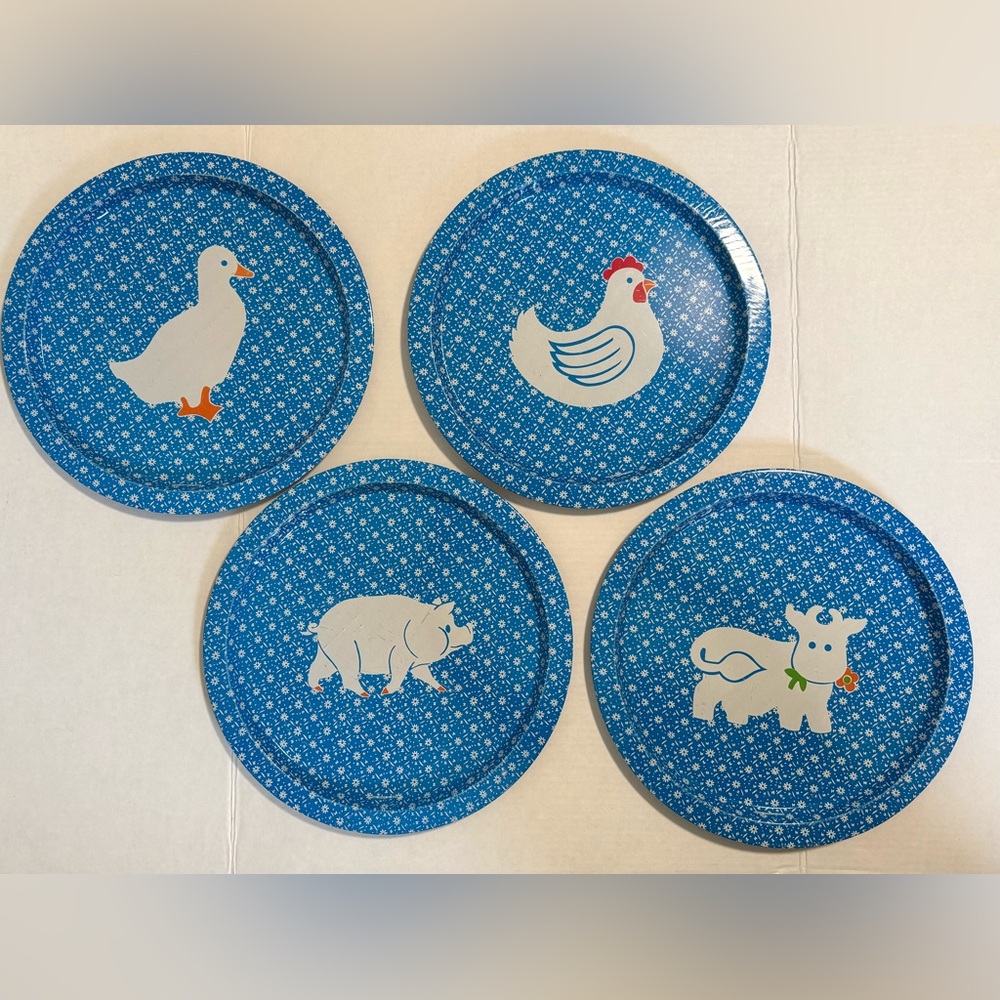 Blue & White Round Metal Trays, Country Calico, Four Farm Animals